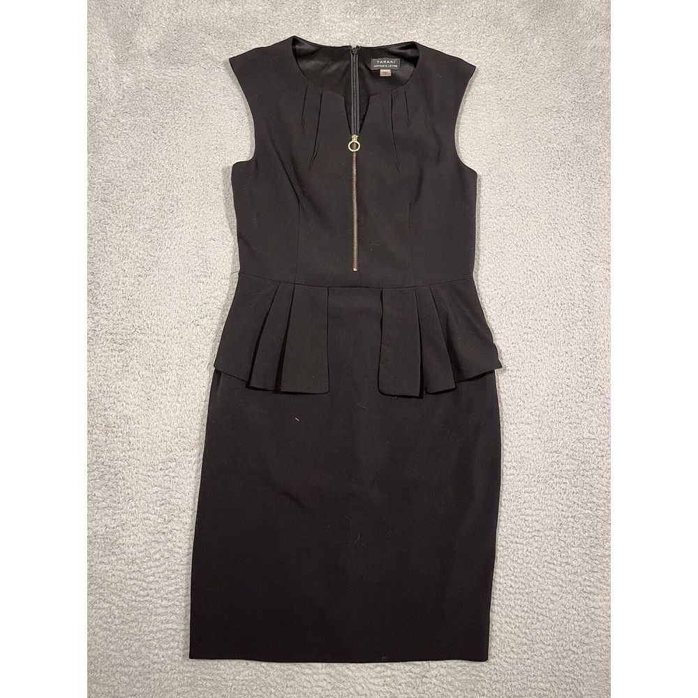 Tahari Dress Knee Length‎ Black Bodycon Ruffle Gold Zipper Sleeveless Size 8